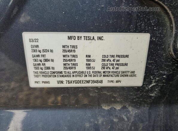 7SAYGDEE2NF394848 2022 TESLA MODEL Gray VIN კოდის სტიკერის ხედი