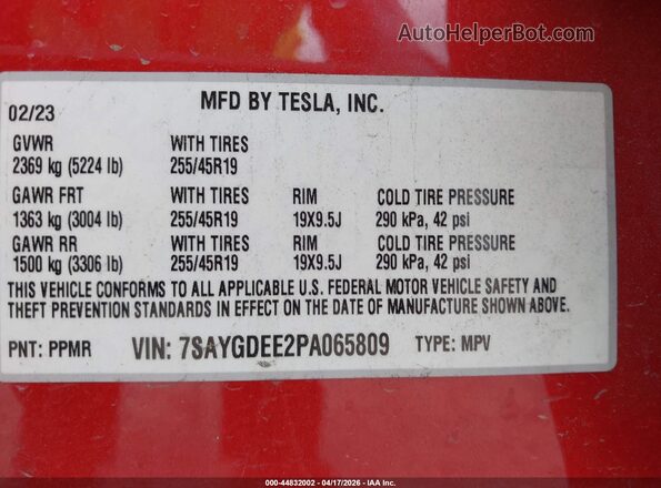7SAYGDEE2PA065809 2023 TESLA MODEL Y Red Widok komory silnika