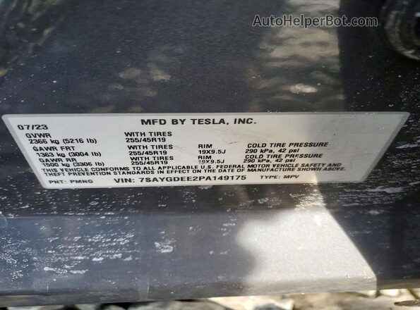 7SAYGDEE2PA149175 2023 TESLA MODEL Charcoal Vista de la etiqueta del VIN