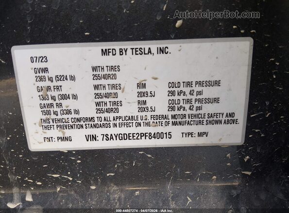 7SAYGDEE2PF840015 2023 TESLA MODEL Y Gray Շարժիչի բաժամունքի տեսք