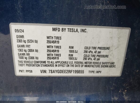 7SAYGDEE2RF199855 2024 TESLA MODEL Y Blue Вид підкапотного простору