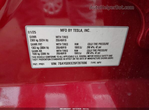 7SAYGDEE2SF287696 2025 TESLA MODEL Y Красный Вид подкапотного пространства