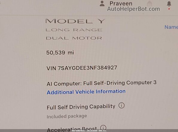 7SAYGDEE3NF384927 2022 TESLA MODEL Y Blue 