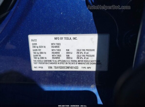 7SAYGDEE3NF481433 2022 TESLA MODEL Y Blue Շարժիչի բաժամունքի տեսք