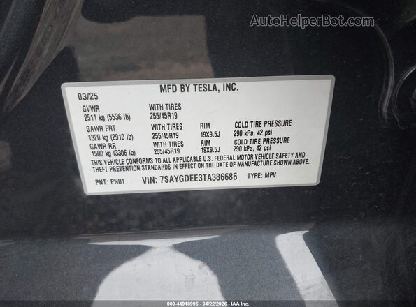 7SAYGDEE3TA386686 2026 TESLA MODEL Y Gray Շարժիչի բաժամունքի տեսք