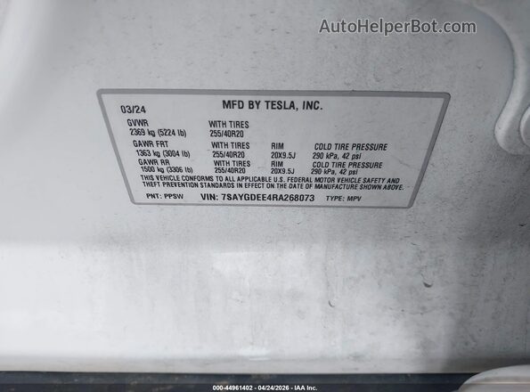 7SAYGDEE4RA268073 2024 TESLA MODEL Y Белый Вид подкапотного пространства