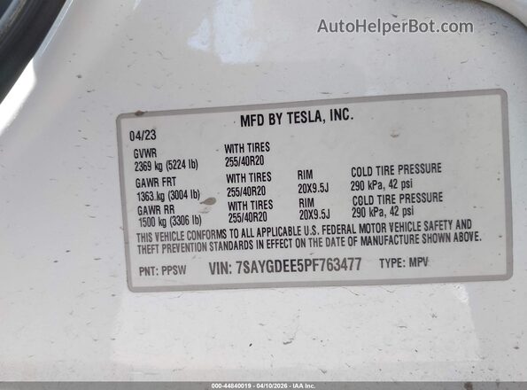 7SAYGDEE5PF763477 2023 TESLA MODEL Y White Widok komory silnika