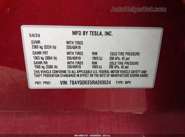 7SAYGDEE5RA269524 2024 TESLA MODEL Y Красный Вид подкапотного пространства