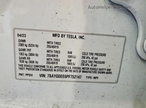 7SAYGDEE6PF752147 2023 TESLA MODEL White Շարժիչի բաժամունքի տեսք