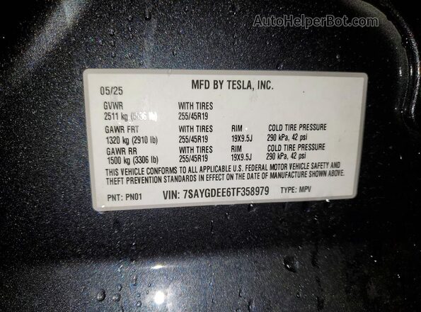 7SAYGDEE6TF358979 2026 TESLA MODEL Gray Вид наклейки з VIN-кодом