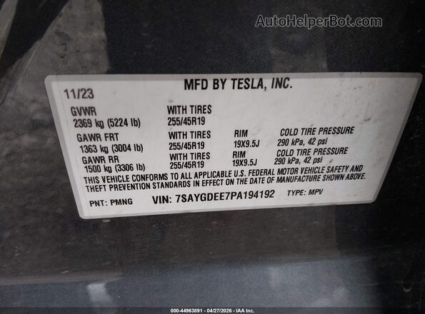 7SAYGDEE7PA194192 2023 TESLA MODEL Y Gray Вид підкапотного простору