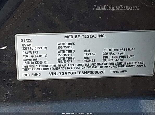 7SAYGDEE8NF368626 2022 TESLA MODEL Y Black ძრავის განყოფილების ხედი