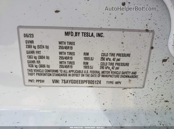 7SAYGDEE8PF805124 2023 TESLA MODEL Y White Widok komory silnika
