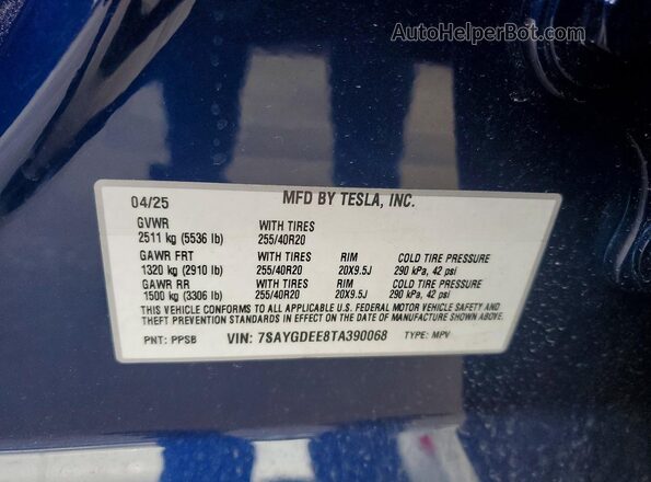 7SAYGDEE8TA390068 2026 TESLA MODEL Blue Vista interior de 360 grados