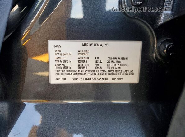 7SAYGDEE8TF355016 2026 TESLA MODEL Gray Vista de la etiqueta del VIN