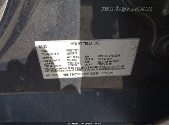 7SAYGDEE9NF422550 2022 TESLA MODEL Y Серый Вид подкапотного пространства