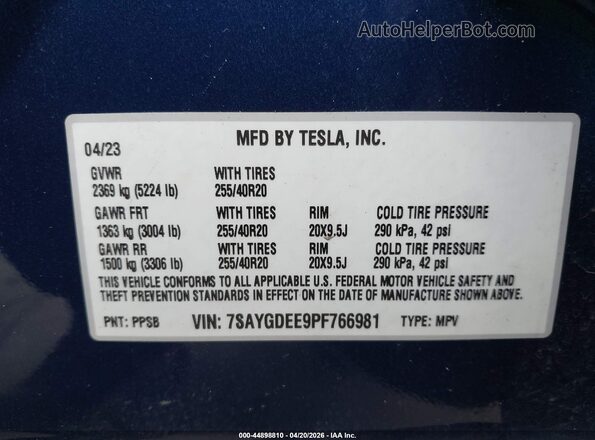 7SAYGDEE9PF766981 2023 TESLA MODEL Y Dark Blue Vista del compartimento del motor