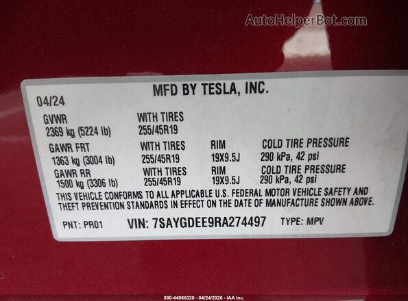 7SAYGDEE9RA274497 2024 TESLA MODEL Y Red 