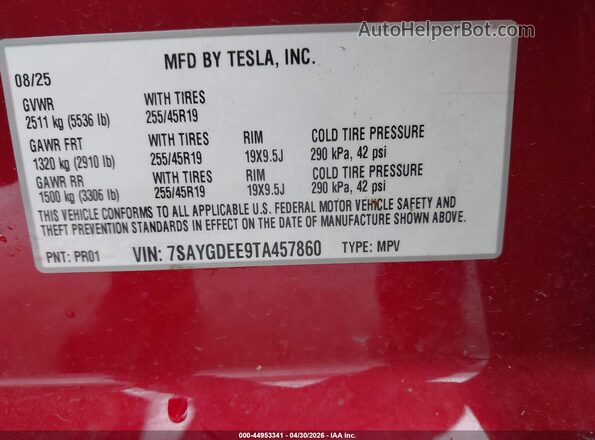 7SAYGDEE9TA457860 2026 TESLA MODEL Y Красный Вид подкапотного пространства