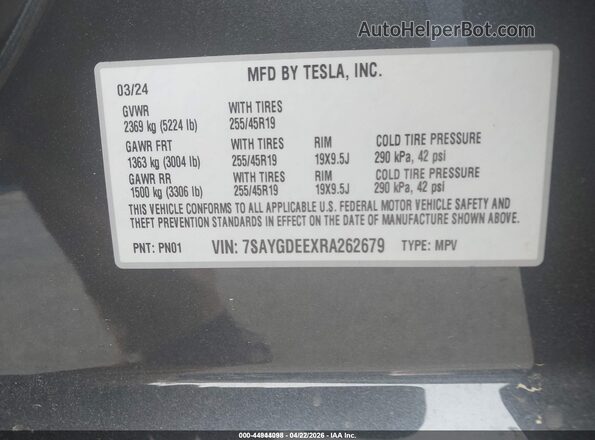 7SAYGDEEXRA262679 2024 TESLA MODEL Y Gray Vista del compartimento del motor