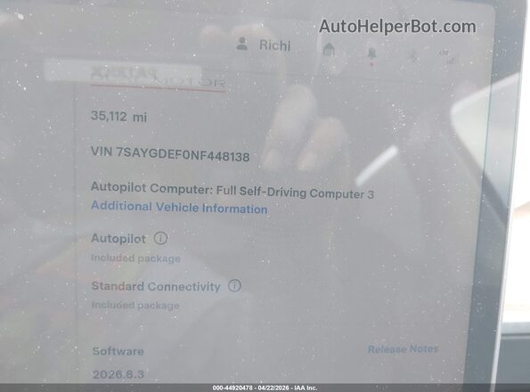 7SAYGDEF0NF448138 2022 TESLA MODEL Y Белый Вид задних сидений