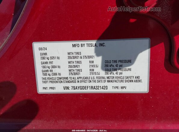 7SAYGDEF1RA321420 2024 TESLA MODEL Y Red Вид підкапотного простору