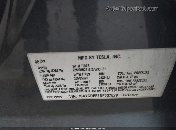 7SAYGDEF2NF537029 2022 TESLA MODEL Y Серый Вид подкапотного пространства
