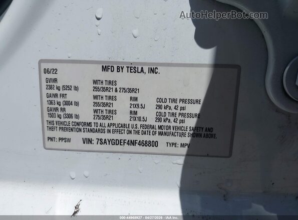 7SAYGDEF4NF468800 2022 TESLA MODEL Y White Вид підкапотного простору