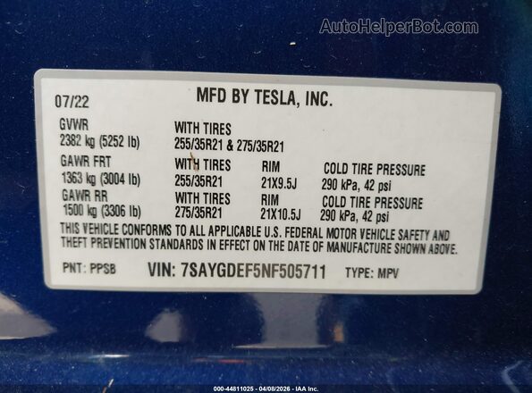 7SAYGDEF5NF505711 2022 TESLA MODEL Y Синий Вид подкапотного пространства