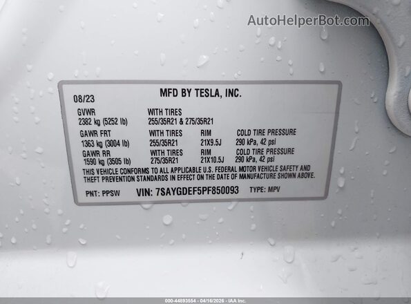 7SAYGDEF5PF850093 2023 TESLA MODEL Y Белый Вид подкапотного пространства