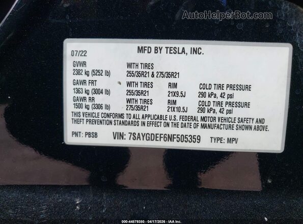 7SAYGDEF6NF505359 2022 TESLA MODEL Y Black Engine compartment view