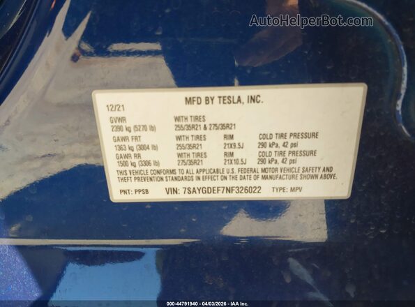 7SAYGDEF7NF326022 2022 TESLA MODEL Y Синий Вид подкапотного пространства