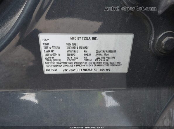 7SAYGDEF7NF368173 2022 TESLA MODEL Y Серый Вид подкапотного пространства