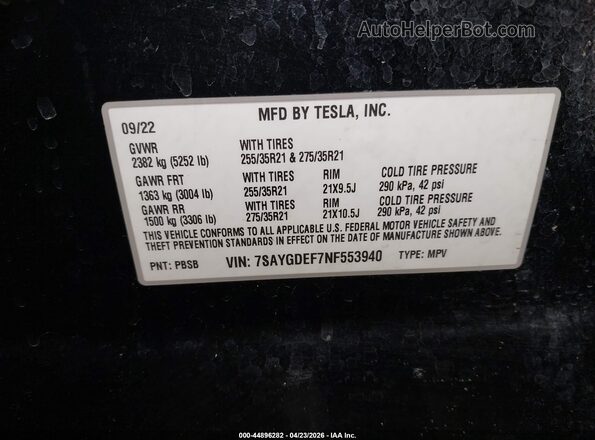 7SAYGDEF7NF553940 2022 TESLA MODEL Y Black ძრავის განყოფილების ხედი
