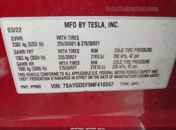 7SAYGDEF9NF410567 2022 TESLA MODEL Y Red Vista del compartimento del motor