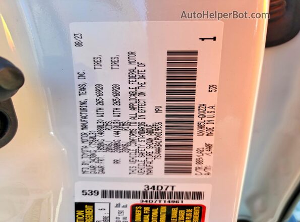 7SVAAABA1PX019936 2023 TOYOTA SEQUOIA White VIN կոդի պիտակի տեսք