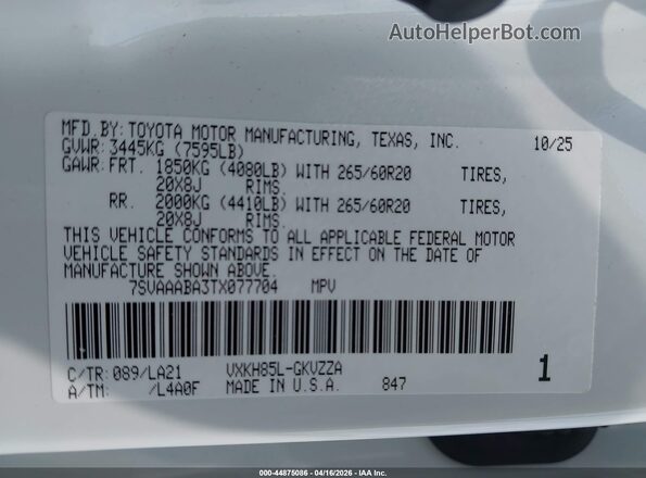 7SVAAABA3TX077704 2026 TOYOTA SEQUOIA White Շարժիչի բաժամունքի տեսք