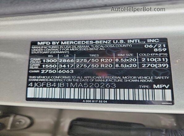 4JGFB4JB1MA520263 2021 MERCEDES-BENZ GLE Silver 