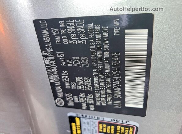 5NMP24GL9SH135478 2025 HYUNDAI SANTA Gray Widok naklejki z numerem VIN