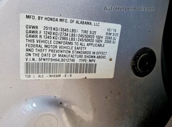 5FNYF5H64LB012746 2020 HONDA PILOT Silver Widok naklejki z numerem VIN