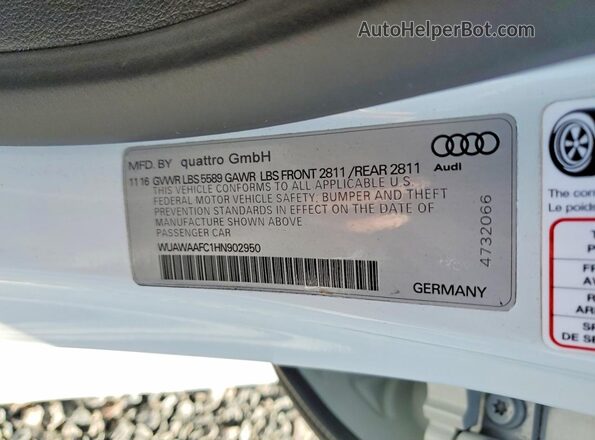 WUAWAAFC1HN902950 2017 AUDI RS7 White VIN կոդի պիտակի տեսք