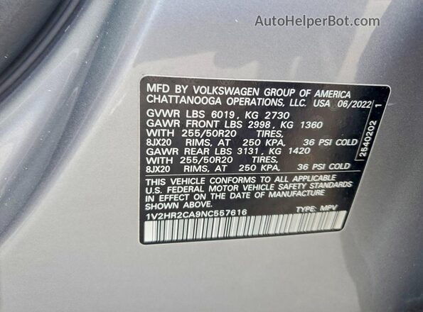 1V2HR2CA9NC557616 2022 VOLKSWAGEN ATLAS Серебряный 