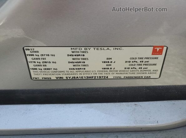 5YJSA1E13HF219724 2017 TESLA MODEL S Silver 