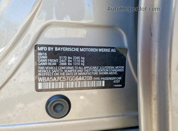 WBA5A7C57GG644208 2016 BMW 5 SERIES Silver Вид наклейки з VIN-кодом