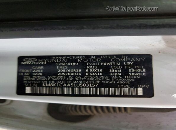 KM8K1CAA5LU503157 2020 HYUNDAI KONA White 