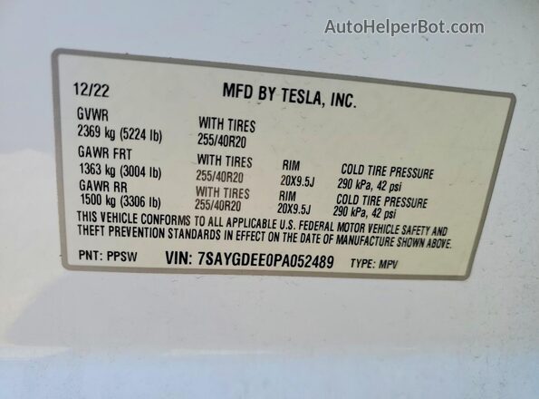 7SAYGDEE0PA052489 2023 TESLA MODEL Y White Vista interior de 360 grados