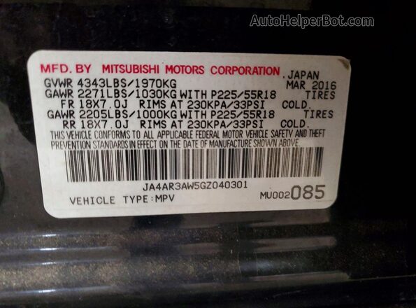 JA4AR3AW5GZ040301 2016 MITSUBISHI OUTLANDER Black VIN კოდის სტიკერის ხედი