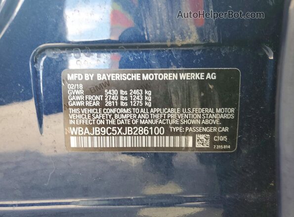 WBAJB9C5XJB286100 2018 BMW M5 Blue Vista de la etiqueta del VIN