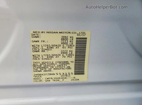 1N6BA1F28HN553155 2017 NISSAN TITAN White VIN sticker view