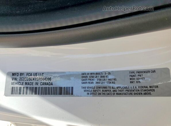2C3CDBCK9SR564396 2025 DODGE CHARGER Белый Вид наклейки с VIN-кодом